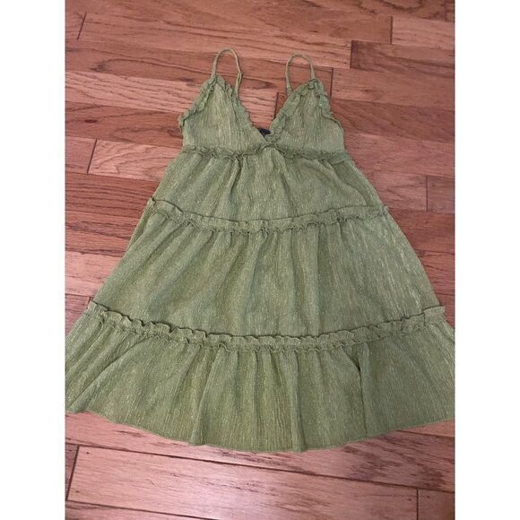 Wild Fable womens green shimmer ruffled v-neck layered peasant short sun dress S - Picture 1 of 8